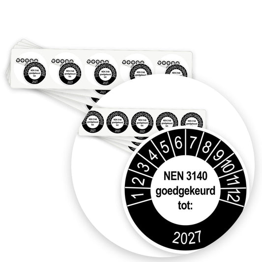 Keuringsstickers NEN 3140 Goedgekeurd tot 2027 | 500 stuks, Ø 35 mm | Buiten Zwart - strook van 5 stickers