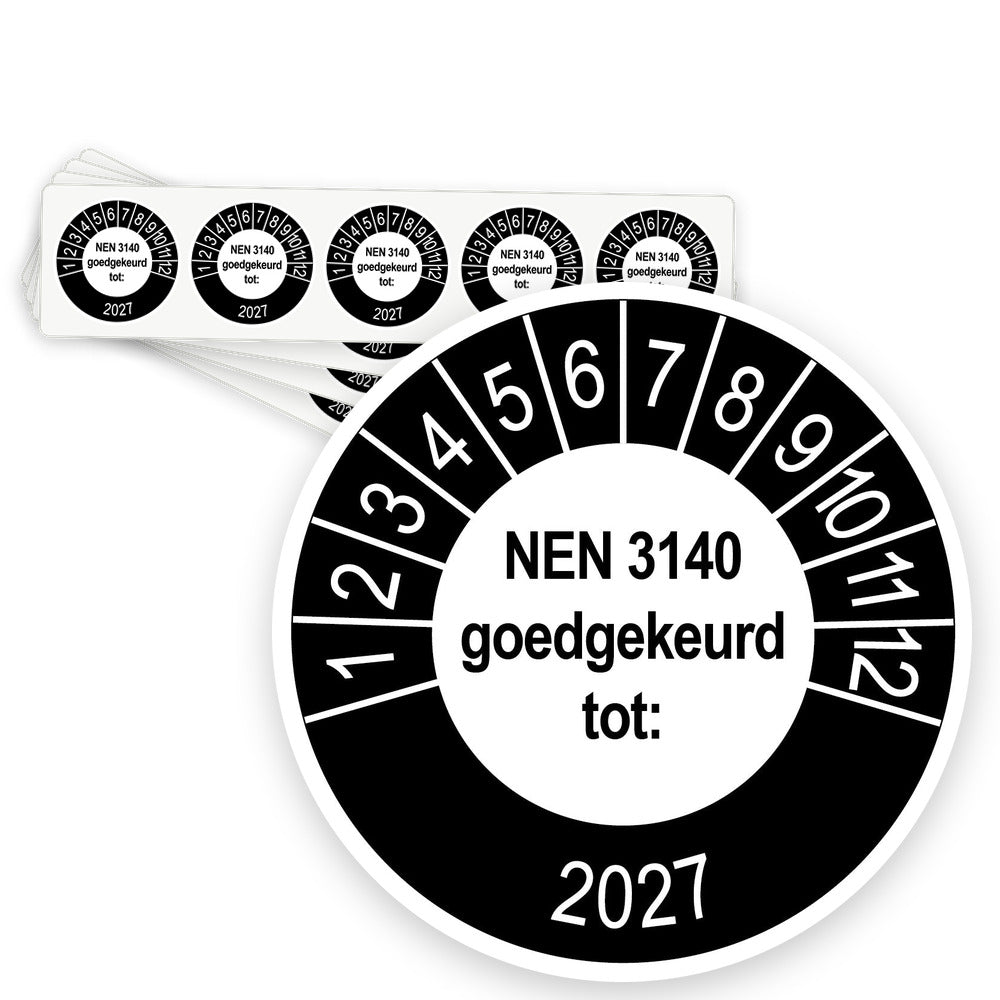 Keuringsstickers NEN 3140 Goedgekeurd tot 2027 | 50 stuks, Ø 35 mm | Buiten Zwart - strook van 5 stickers
