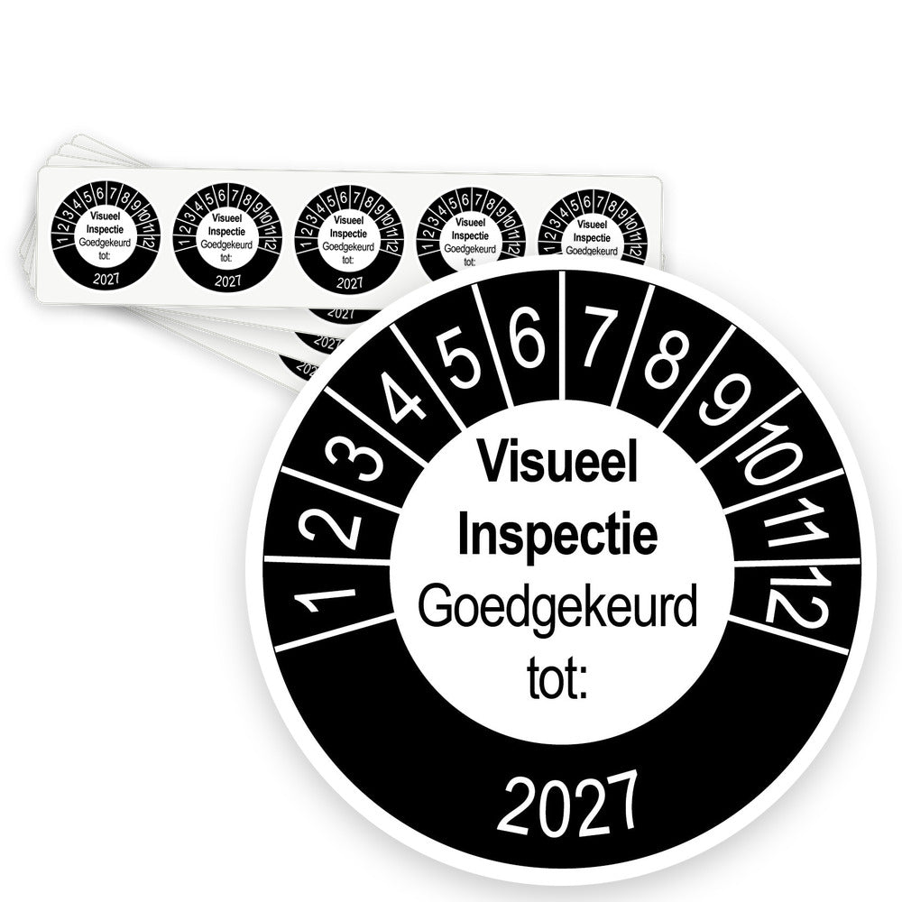 Keuringsstickers Visueel Inspectie Goedgekeurd tot | 50 stuks, Ø 35 mm | Buiten Zwart 2027 - strook van 5 stickers