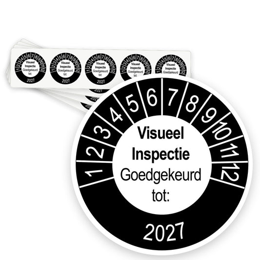 Keuringsstickers Visueel Inspectie Goedgekeurd tot | 50 stuks, Ø 35 mm | Buiten Zwart 2027 - strook van 5 stickers