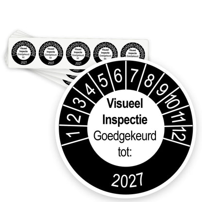 Keuringsstickers Visueel Inspectie Goedgekeurd tot | 500 stuks, Ø 35 mm | Buiten Zwart 2027 - strook van 5 stickers
