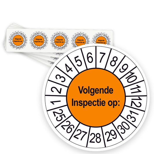 Keuringsstickers Volgende Inspectie op | 500 stuks, Ø 35 mm | Oranje - strook van 5 stickers