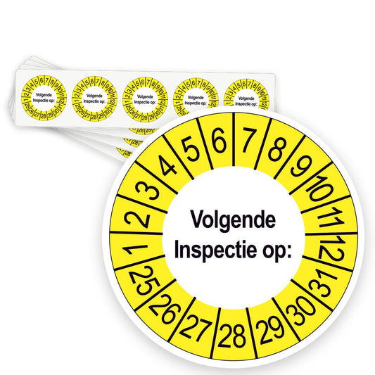 Keuringsstickers Volgende Inspectie op | 50 stuks, Ø 35 mm | Buiten Geel - strook van 5 stickers