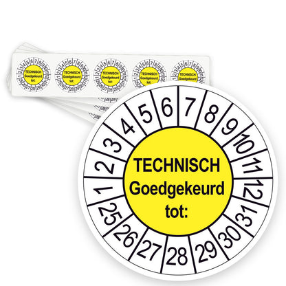 Keuringsstickers Technisch Goedgekeurd | 50 stuks, Ø 35 mm | Geel - strook van 5 stickers