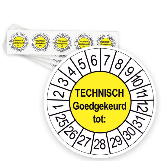 Keuringsstickers Technisch Goedgekeurd | 50 stuks, Ø 35 mm | Geel - strook van 5 stickers
