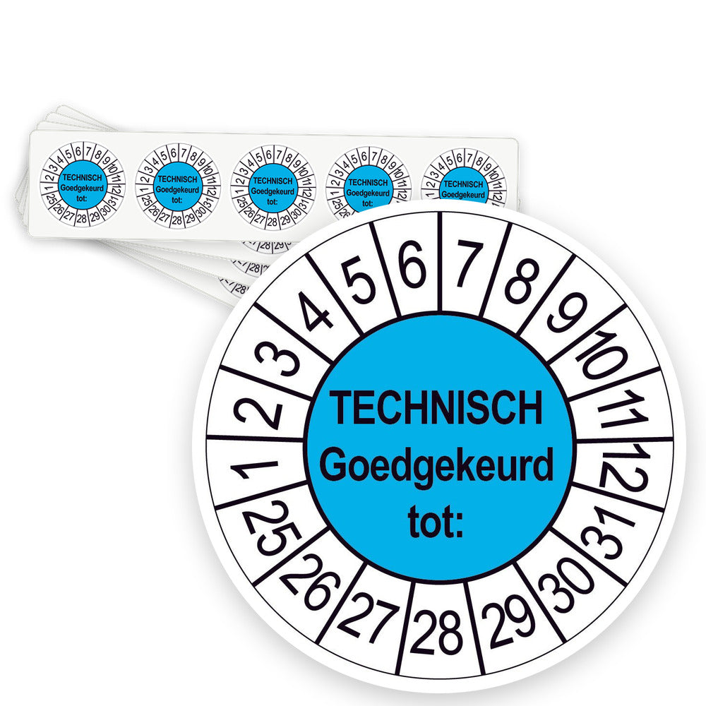 Keuringsstickers Technisch Goedgekeurd | 50 stuks, Ø 35 mm | Blauw - strook van 5 stickers