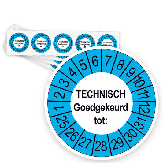 Keuringsstickers Technisch Goedgekeurd | 50 stuks, Ø 35 mm | Buiten Blauw - strook van 5 stickers