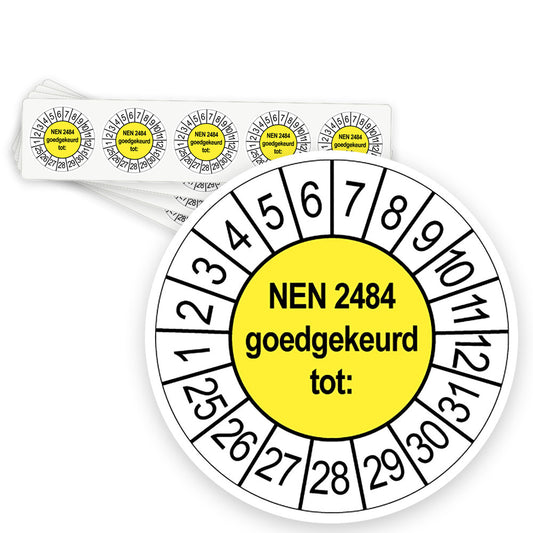 Keuringsstickers NEN 2484 Goedgekeurd tot | 50 stuks, Ø 35 mm | Geel - strook van 5 stickers