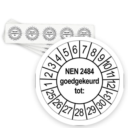 Keuringsstickers NEN 2484 Goedgekeurd tot | 50 stuks, Ø 35 mm | Wit - strook van 5 stickers