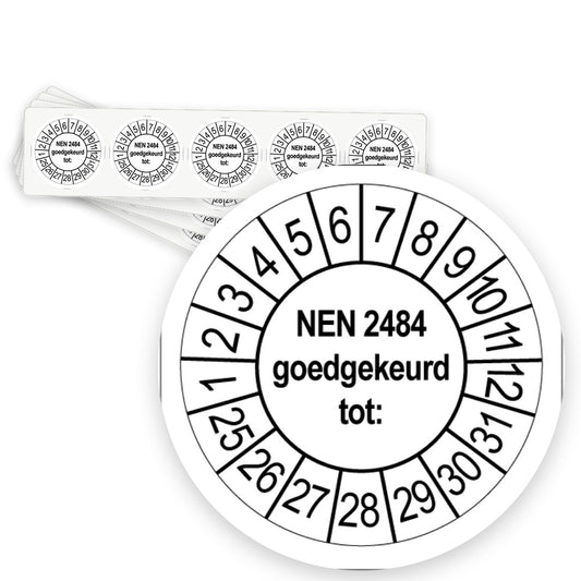 Keuringsstickers NEN 2484 Goedgekeurd tot | 50 stuks, Ø 35 mm | Wit - strook van 5 stickers