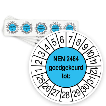 Keuringsstickers NEN 2484 Goedgekeurd tot | 50 stuks, Ø 35 mm | Blauw - strook van 5 stickers