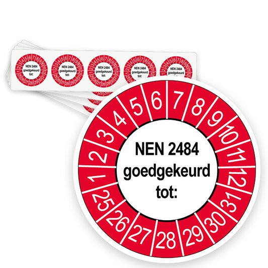 Keuringsstickers NEN 2484 Goedgekeurd tot | 50 stuks, Ø 35 mm | Buiten Rood Wit - strook van 5 stickers