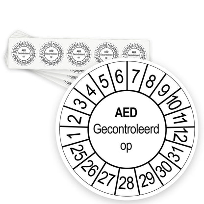 Keuringsstickers AED gecontroleerd op | 1000 stuks, Ø 35 mm | Wit - strook van 5 stickers