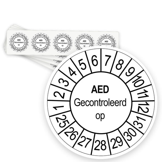 Keuringsstickers AED gecontroleerd op | 1000 stuks, Ø 35 mm | Wit - strook van 5 stickers