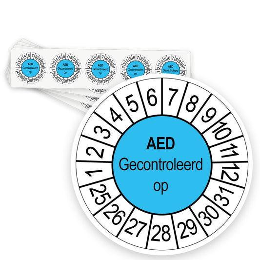 Keuringsstickers AED gecontroleerd op | 500 stuks, Ø 35 mm | Blauw - strook van 5 stickers