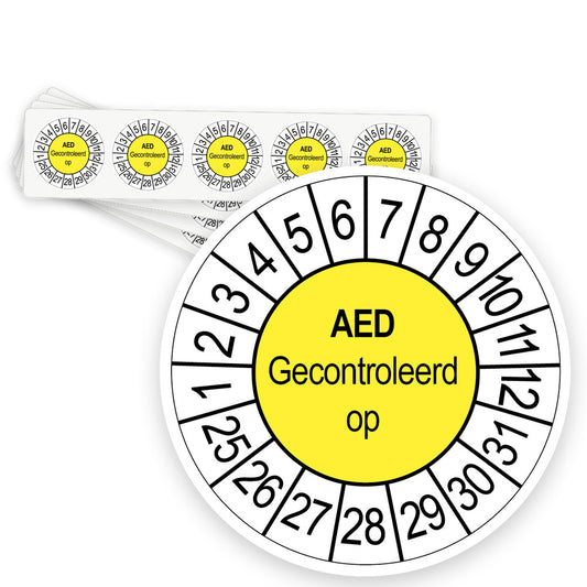 Keuringsstickers AED gecontroleerd op | 1000 stuks, Ø 35 mm | Geel - strook van 5 stickers