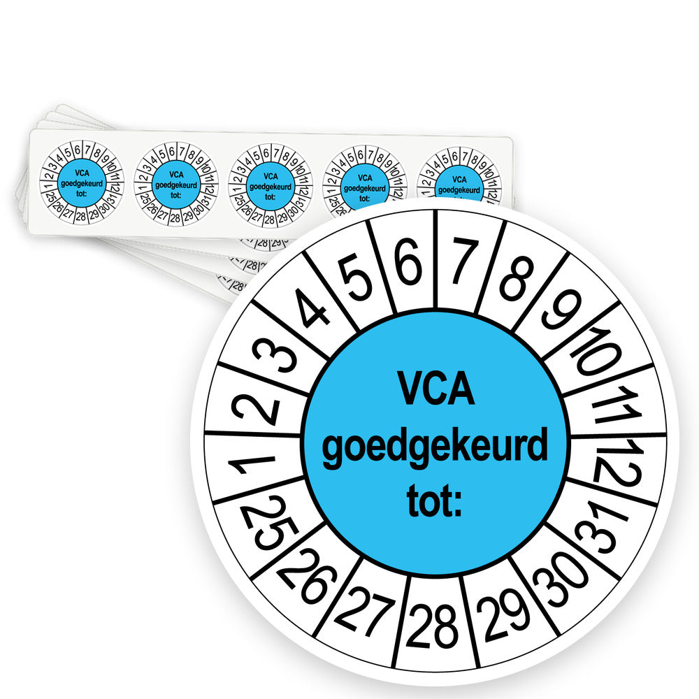 Keuringsstickers VCA Goedgekeurd | 50 stuks, Ø 35 mm | Blauw - strook van 5 stickers