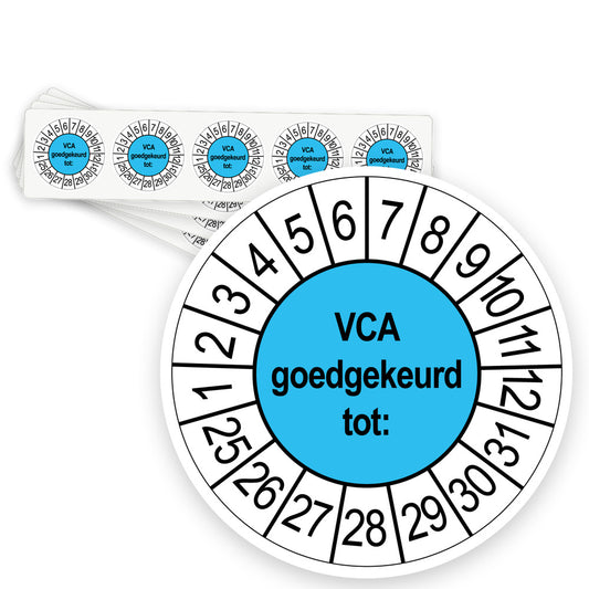 Keuringsstickers VCA Goedgekeurd | 50 stuks, Ø 35 mm | Blauw - strook van 5 stickers