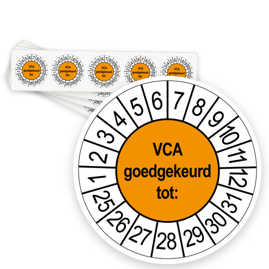 Keuringsstickers VCA Goedgekeurd | 50 stuks, Ø 35 mm | Oranje - strook van 5 stickers