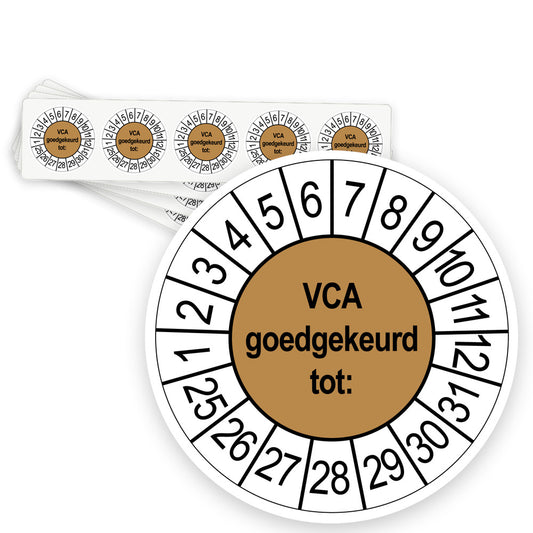 Keuringsstickers VCA Goedgekeurd | 50 stuks, Ø 35 mm | Bruin - strook van 5 stickers