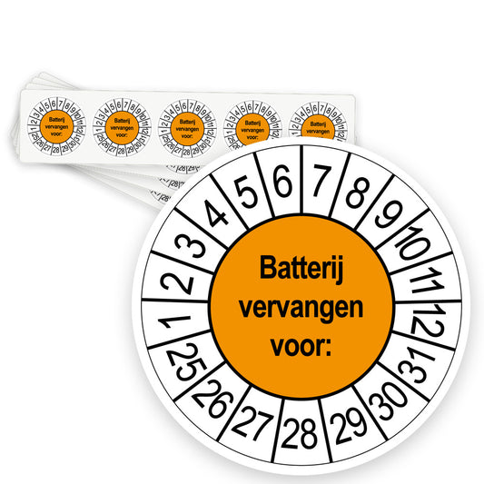 Keuringsstickers Batterij vervangen | 50 stuks, Ø 35 mm | Oranje - strook van 5 stickers