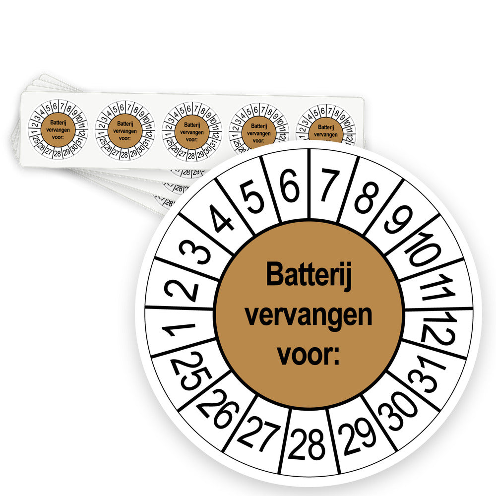 Keuringsstickers Batterij vervangen | 50 stuks, Ø 35 mm | Bruin - strook van 5 stickers