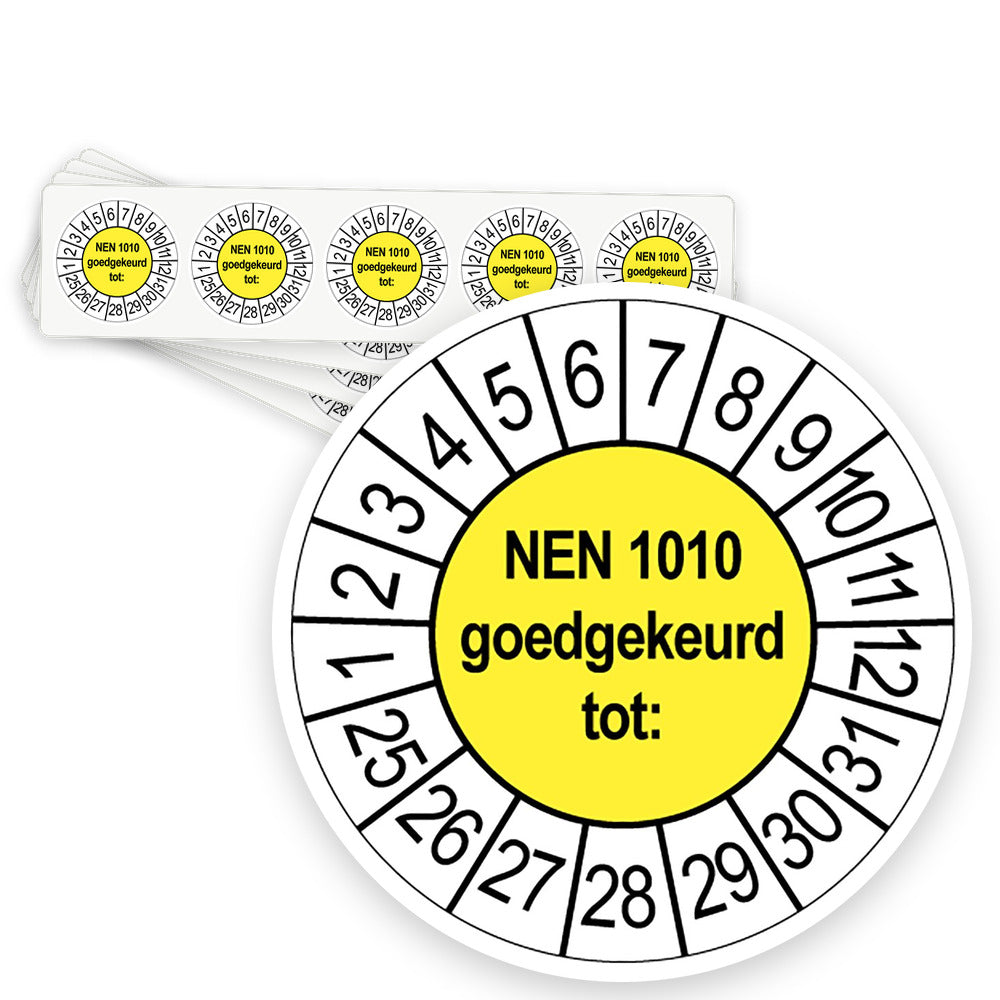 Keuringsstickers NEN 1010 Goedgekeurd tot | 50 stuks, Ø 35 mm | Geel - strook van 5 stickers