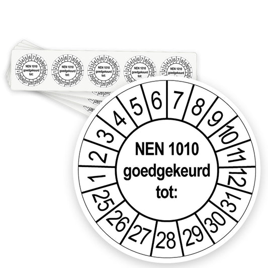 Keuringsstickers NEN 1010 Goedgekeurd tot | 50 stuks, Ø 35 mm | Wit - strook van 5 stickers