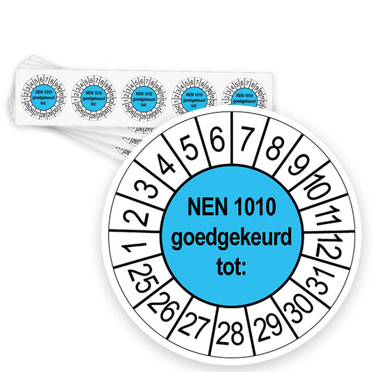 Keuringsstickers NEN 1010 Goedgekeurd tot | 50 stuks, Ø 35 mm | Blauw - strook van 5 stickers