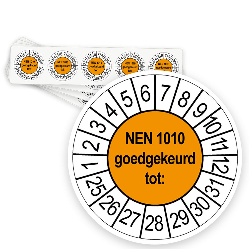 Keuringsstickers NEN 1010 Goedgekeurd tot | 50 stuks, Ø 35 mm | Oranje - strook van 5 stickers