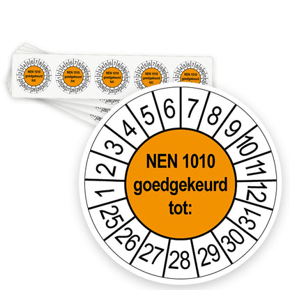 Keuringsstickers NEN 1010 Goedgekeurd tot | 50 stuks, Ø 35 mm | Oranje - strook van 5 stickers