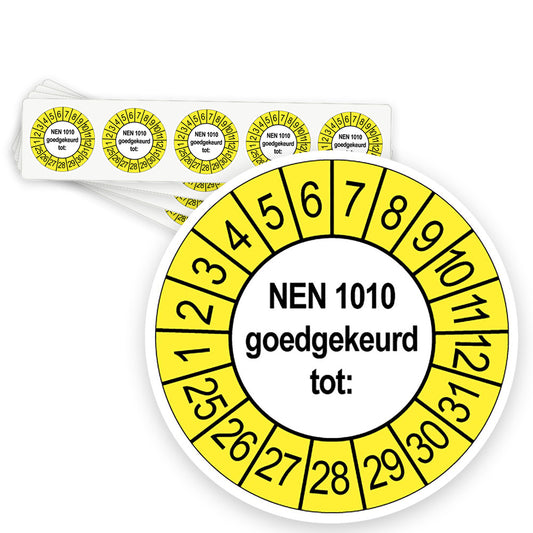 Keuringsstickers NEN 1010 Goedgekeurd tot | 50 stuks, Ø 35 mm | Buiten Geel - strook van 5 stickers
