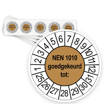 Keuringsstickers NEN 1010 Goedgekeurd tot | 50 stuks, Ø 35 mm | Bruin - strook van 5 stickers