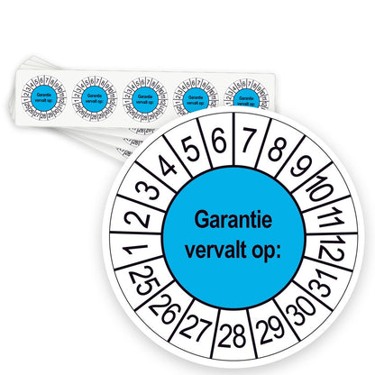 Keuringsstickers Garantie vervalt op | 50 stuks, Ø 35 mm | Blauw - strook van 5 stickers