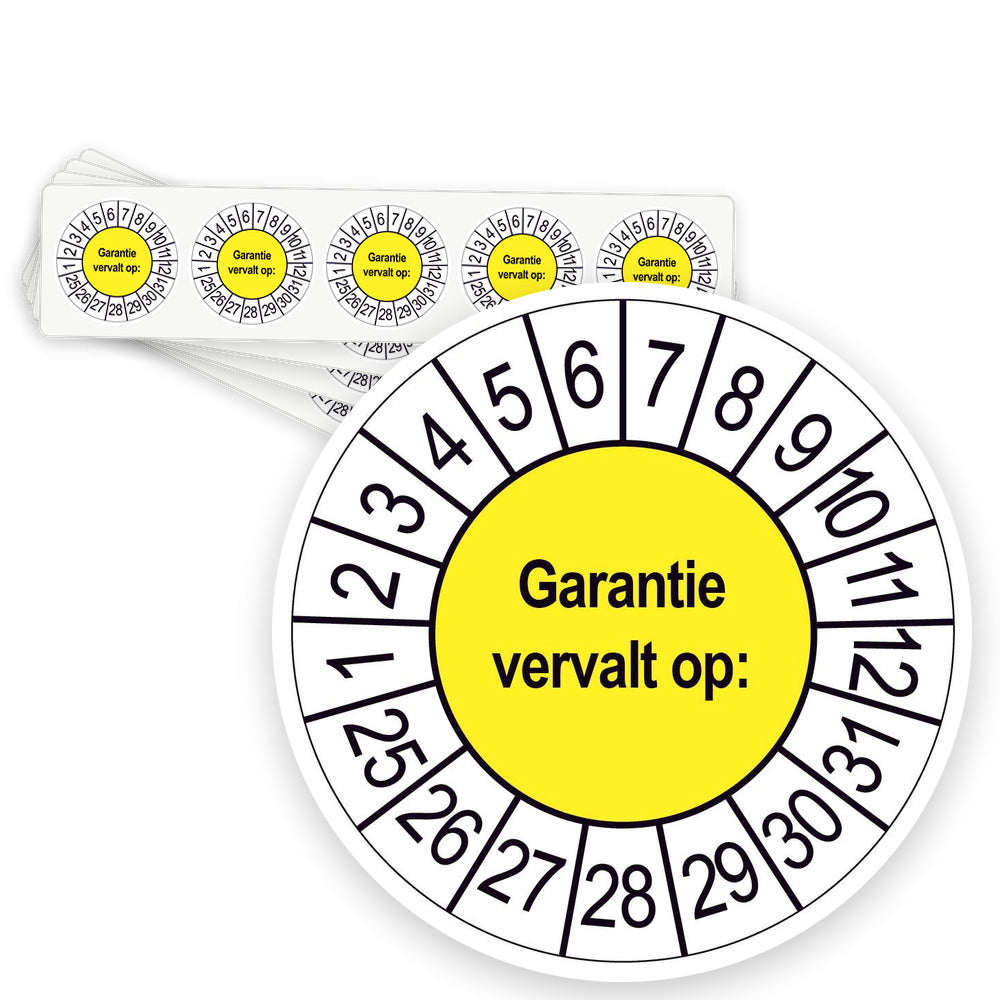 Keuringsstickers Garantie vervalt op | 50 stuks, Ø 35 mm | Geel - strook van 5 stickers