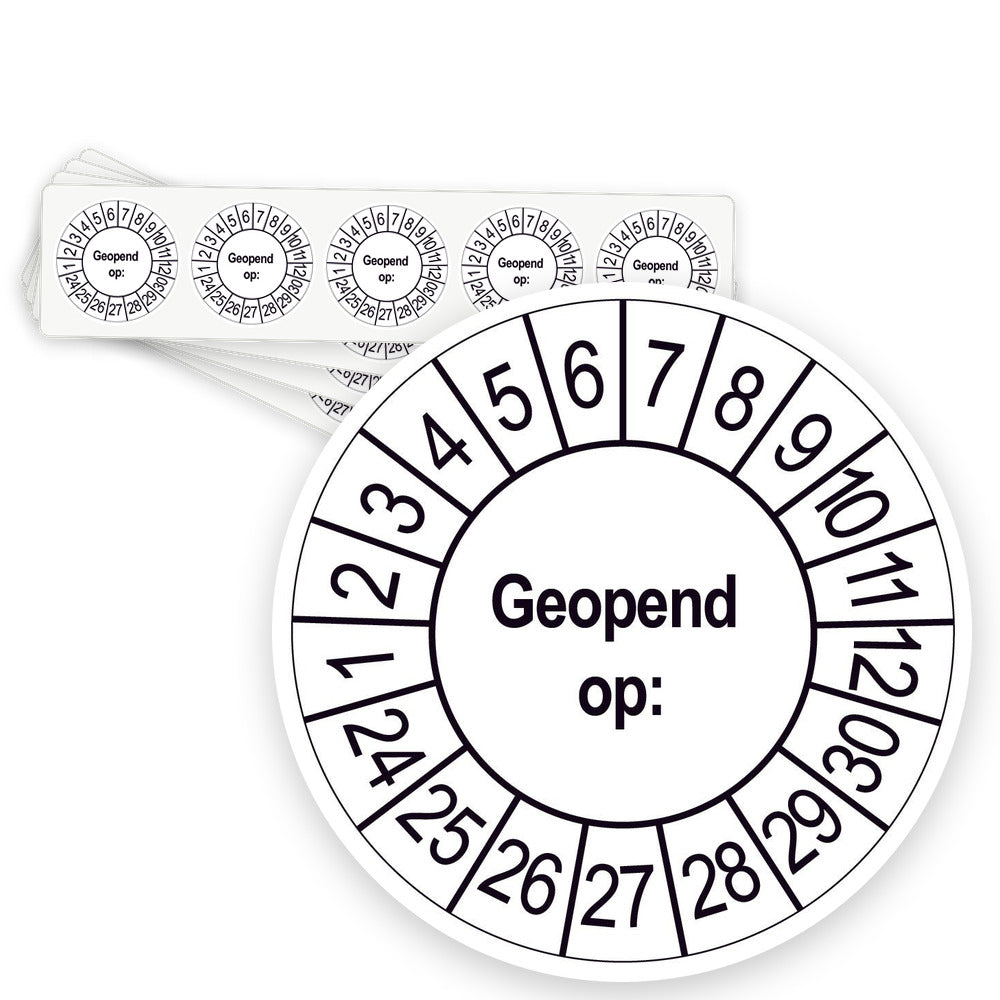 Keuringsstickers Geopend op | 50 stuks, Ø 35 mm | Wit - strook van 5 stickers