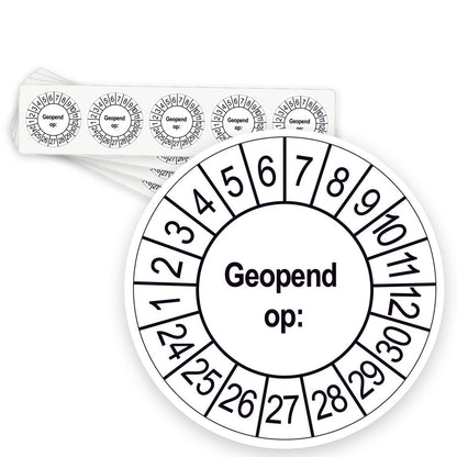 Keuringsstickers Geopend op | 50 stuks, Ø 35 mm | Wit - strook van 5 stickers