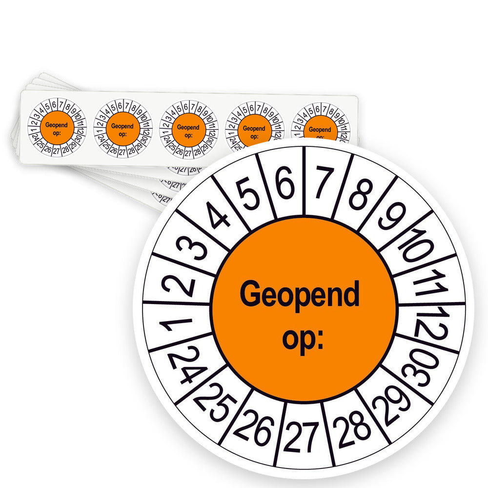 Keuringsstickers Geopend op | 50 stuks, Ø 35 mm | Oranje - strook van 5 stickers