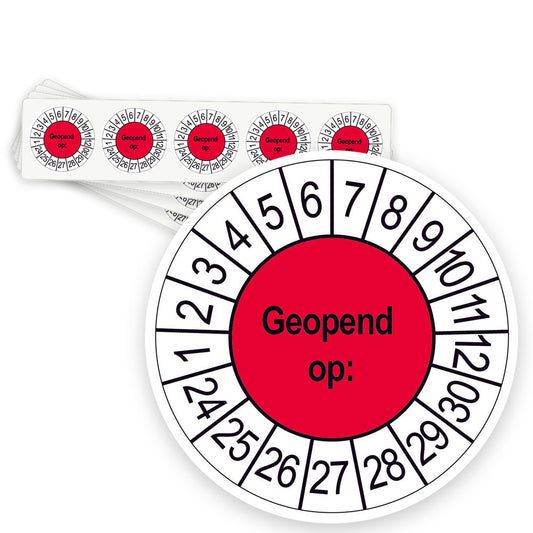 Keuringsstickers Geopend op | 50 stuks, Ø 35 mm | Rood - strook van 5 stickers