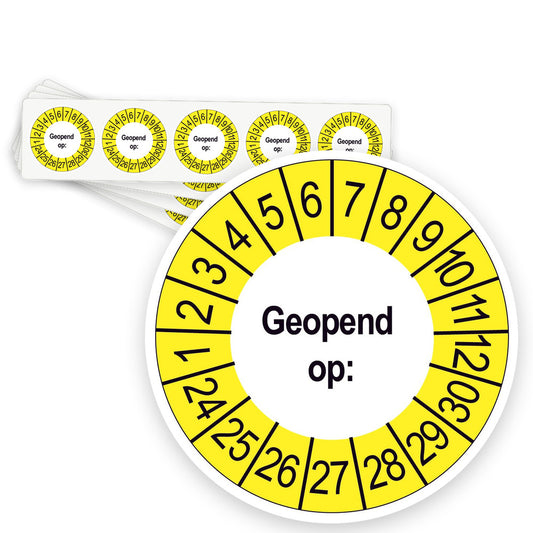 Keuringsstickers Geopend op | 50 stuks, Ø 35 mm | Buiten Geel - strook van 5 stickers