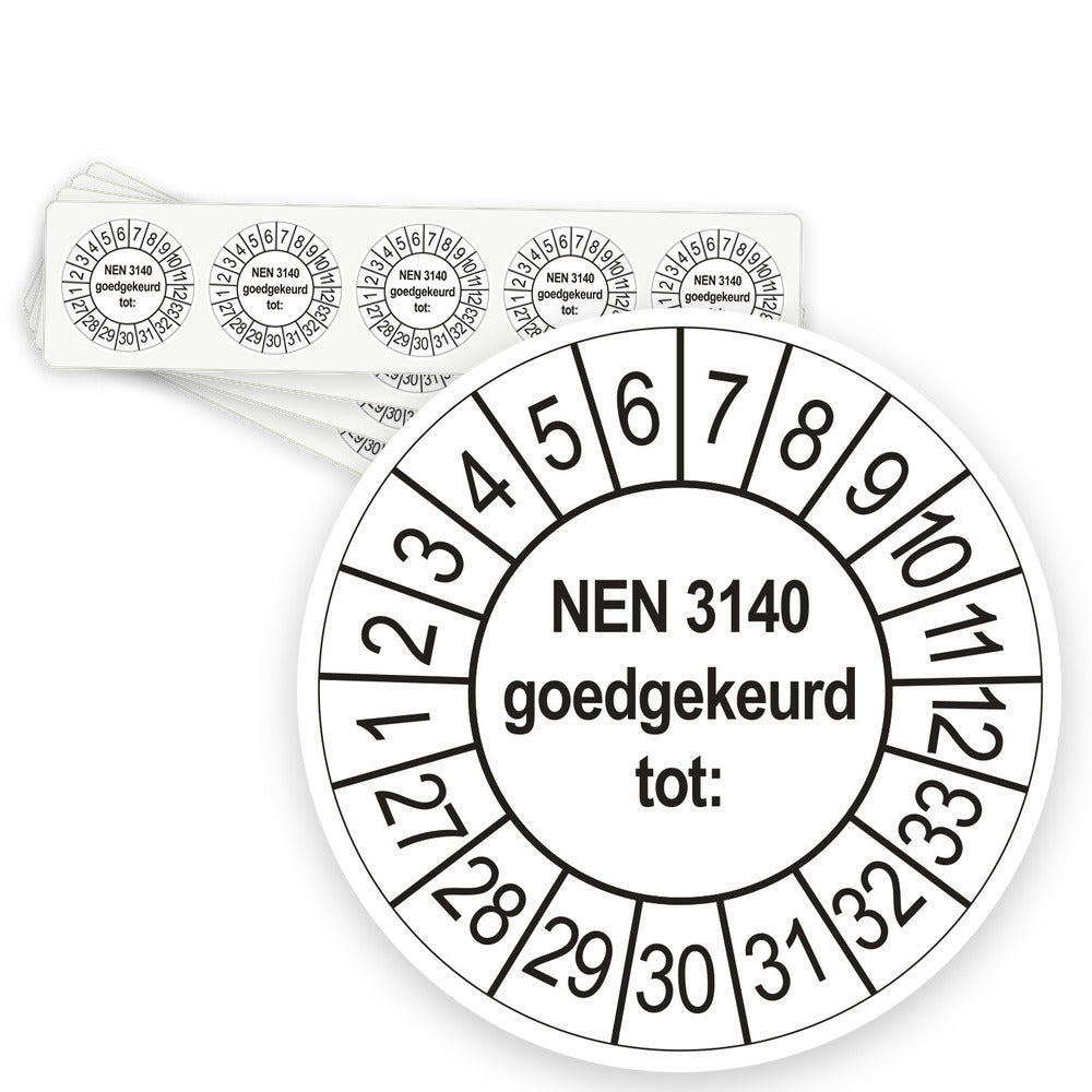 Keuringsstickers NEN 3140 Goedgekeurd tot 2027 | 50 stuks, Ø 35 mm | Wit - strook van 5 stickers