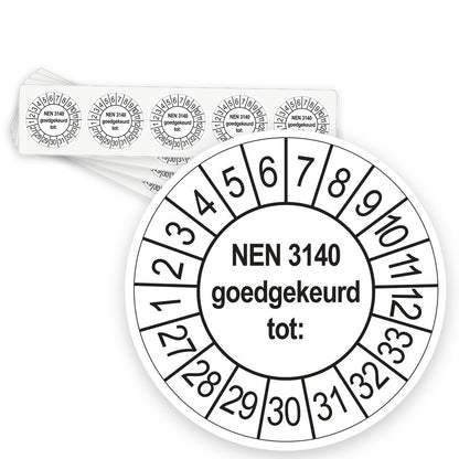 Keuringsstickers NEN 3140 Goedgekeurd tot 2027 | 50 stuks, Ø 35 mm | Wit - strook van 5 stickers
