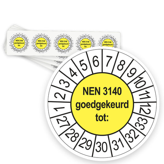 Keuringsstickers NEN 3140 Goedgekeurd tot 2027 | 50 stuks, Ø 35 mm | Geel - strook van 5 stickers