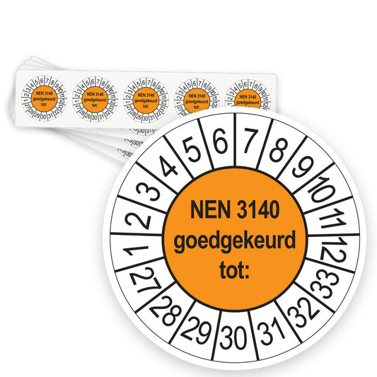 Keuringsstickers NEN 3140 Goedgekeurd tot 2027 | 50 stuks, Ø 35 mm | Oranje - strook van 5 stickers