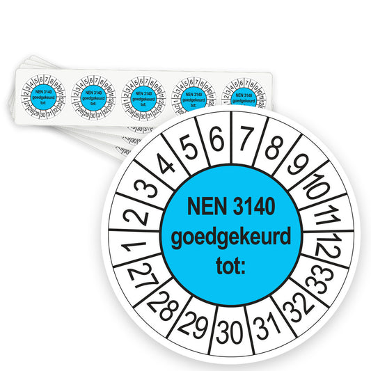 Keuringsstickers NEN 3140 Goedgekeurd tot 2027 | 50 stuks, Ø 35 mm | Blauw - strook van 5 stickers