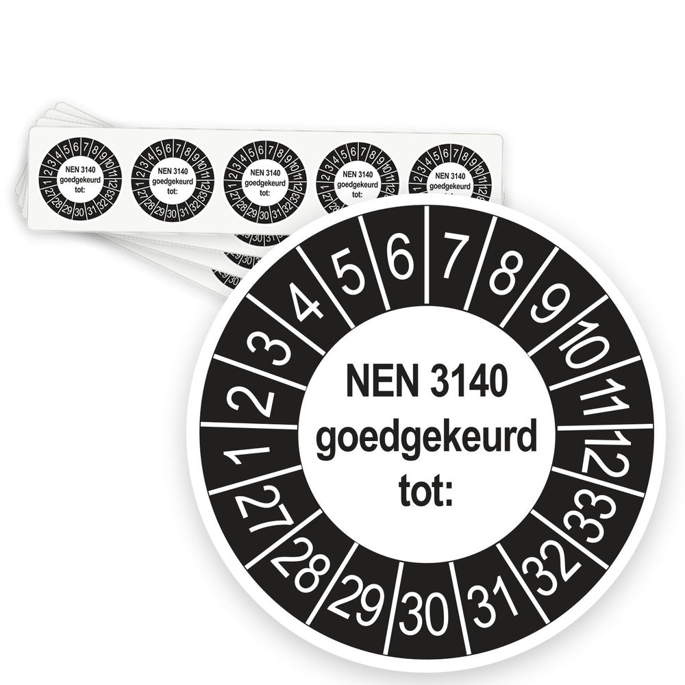 Keuringsstickers NEN 3140 Goedgekeurd tot 2027 | 50 stuks, Ø 35 mm | Buiten Zwart - strook van 5 stickers