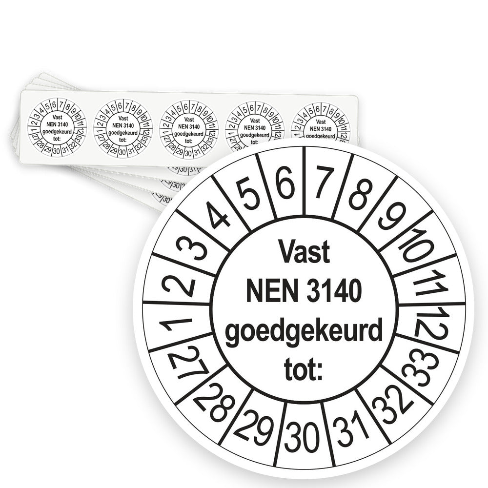 Keuringsstickers Vast NEN 3140 Goedgekeurd tot 2027 | 50 stuks, Ø 35 mm | Wit - strook van 5 stickers