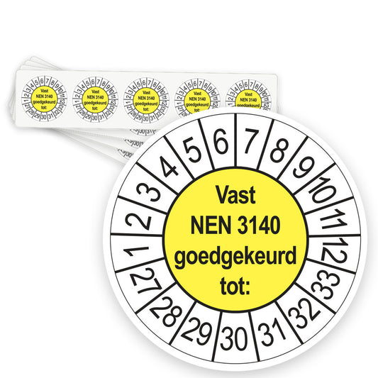Keuringsstickers Vast NEN 3140 Goedgekeurd tot 2027 | 50 stuks, Ø 35 mm | Geel - strook van 5 stickers