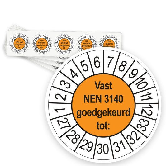 Keuringsstickers Vast NEN 3140 Goedgekeurd tot 2027 | 50 stuks, Ø 35 mm | Oranje - strook van 5 stickers