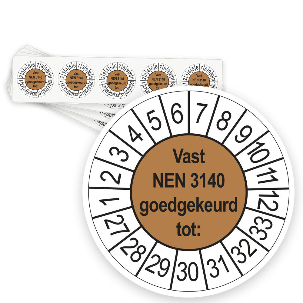 Keuringsstickers Vast NEN 3140 Goedgekeurd tot 2027 | 50 stuks, Ø 35 mm | Bruin - strook van 5 stickers